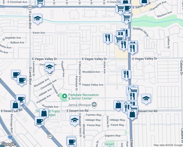 map of restaurants, bars, coffee shops, grocery stores, and more near 4691 Woodland Avenue in Las Vegas