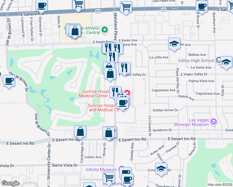 map of restaurants, bars, coffee shops, grocery stores, and more near 3166 South Maryland Parkway in Las Vegas