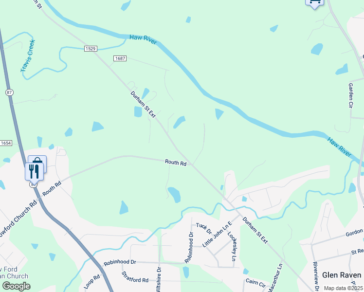 map of restaurants, bars, coffee shops, grocery stores, and more near 2835 Durham Street Extension in Burlington