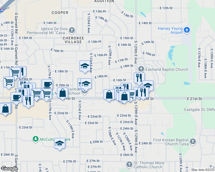 map of restaurants, bars, coffee shops, grocery stores, and more near 1833 South 124th East Avenue in Tulsa