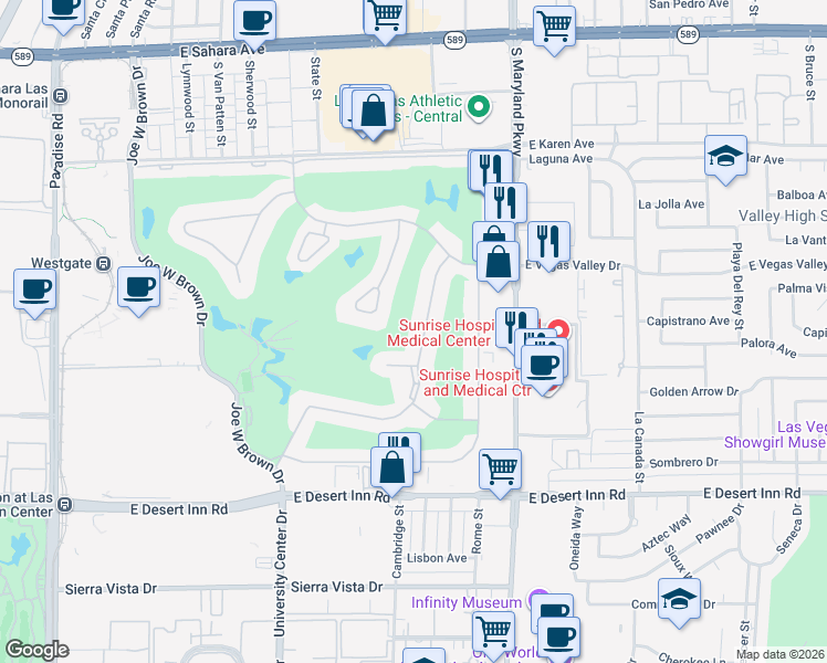 map of restaurants, bars, coffee shops, grocery stores, and more near 3023 Bel Air Drive in Las Vegas