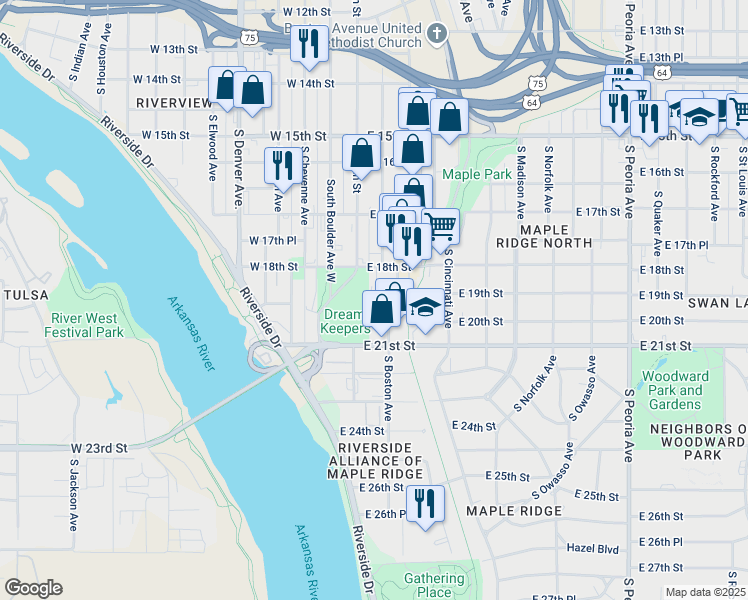 map of restaurants, bars, coffee shops, grocery stores, and more near 1890 South Baltimore Avenue in Tulsa