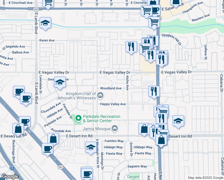 map of restaurants, bars, coffee shops, grocery stores, and more near 4699 Woodland Avenue in Las Vegas