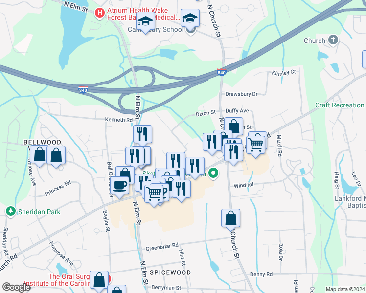 map of restaurants, bars, coffee shops, grocery stores, and more near 4301 Edgemore Road in Greensboro