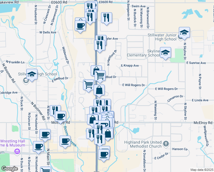 map of restaurants, bars, coffee shops, grocery stores, and more near 1309 North Perkins Road in Stillwater
