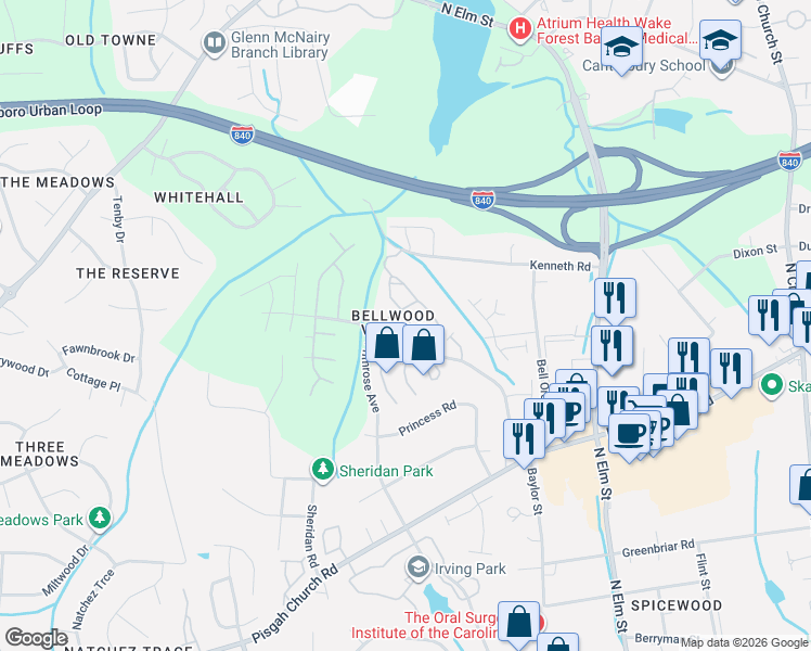 map of restaurants, bars, coffee shops, grocery stores, and more near 3 Abelia Court in Greensboro