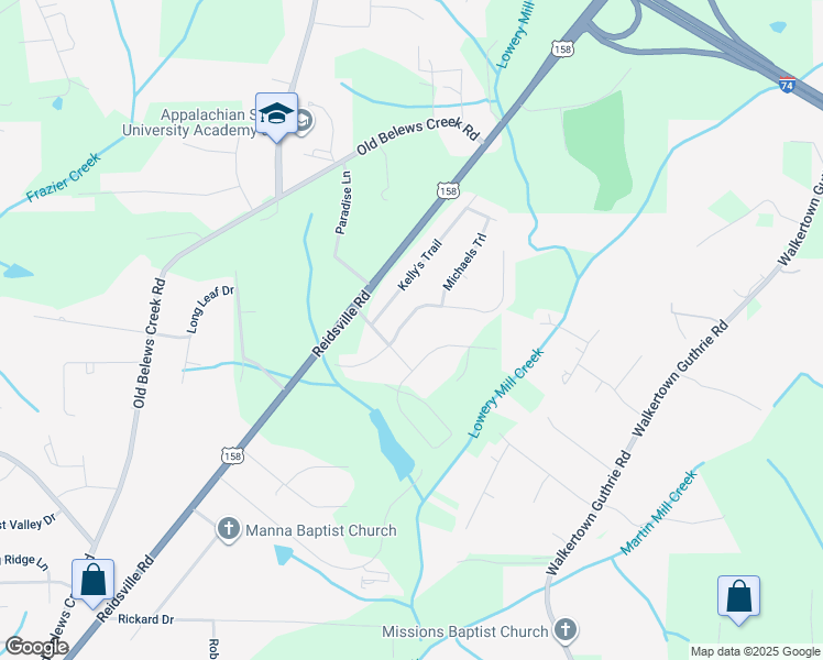 map of restaurants, bars, coffee shops, grocery stores, and more near 4608 Katies Trail in Winston-Salem