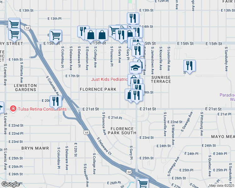 map of restaurants, bars, coffee shops, grocery stores, and more near 1904 S Gary Ave in Tulsa