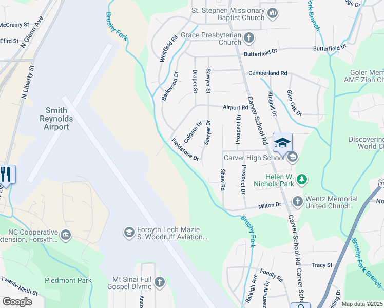 map of restaurants, bars, coffee shops, grocery stores, and more near 3507 Fieldstone Drive in Winston-Salem
