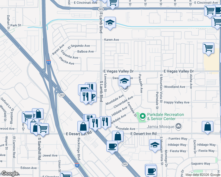 map of restaurants, bars, coffee shops, grocery stores, and more near 3005 Gardendale Street in Las Vegas