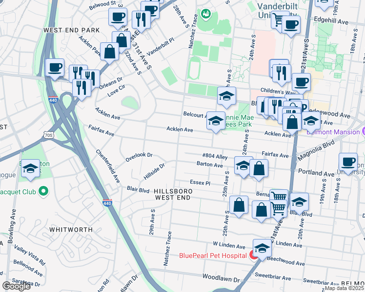 map of restaurants, bars, coffee shops, grocery stores, and more near 2000 Natchez Trace in Nashville