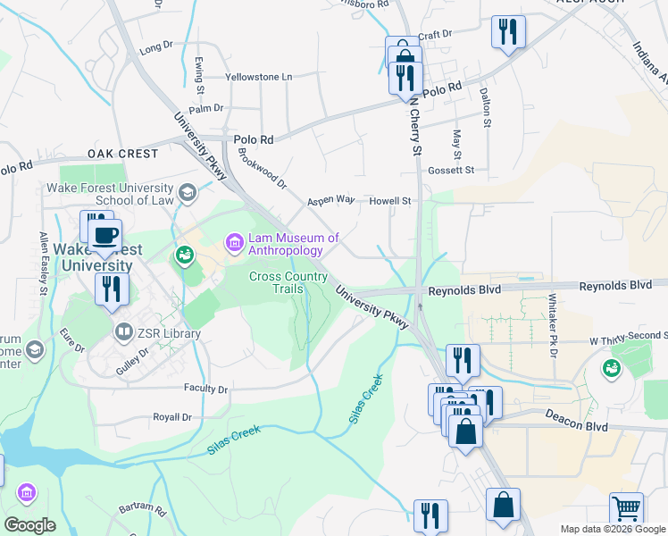 map of restaurants, bars, coffee shops, grocery stores, and more near 3261 Bethabara Road in Winston-Salem