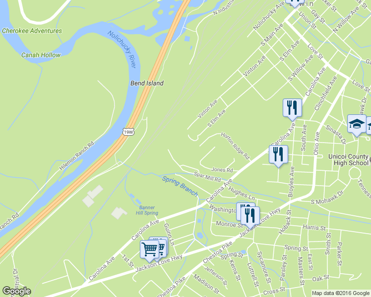 map of restaurants, bars, coffee shops, grocery stores, and more near 155 Horton Ridge Rd in Erwin