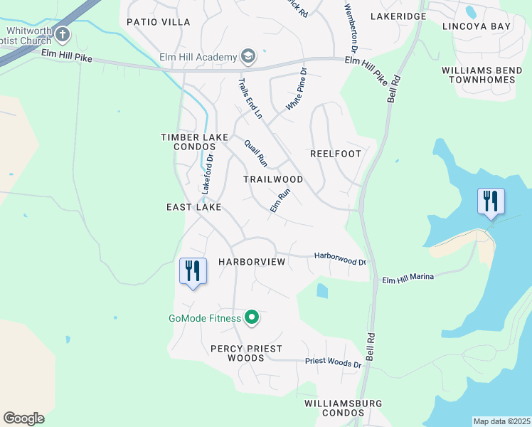 map of restaurants, bars, coffee shops, grocery stores, and more near 3261 East Lake Drive in Nashville