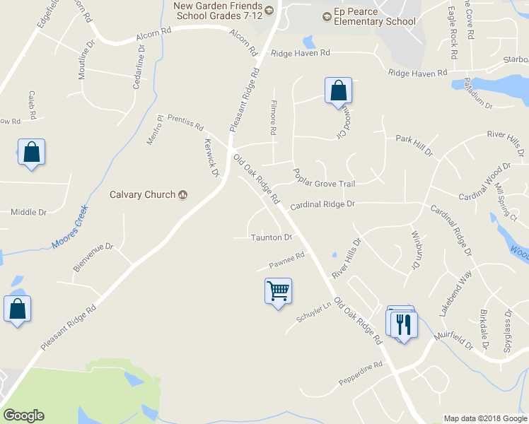 map of restaurants, bars, coffee shops, grocery stores, and more near 7013 Chaftain Place in Greensboro