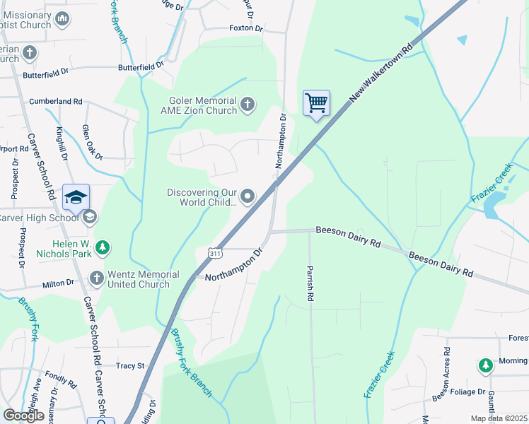 map of restaurants, bars, coffee shops, grocery stores, and more near 3641 New Walkertown Road in Winston-Salem