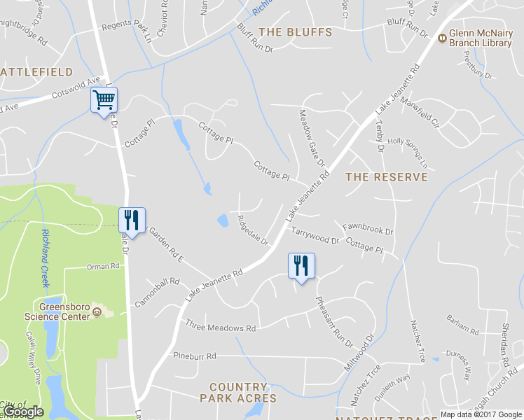 map of restaurants, bars, coffee shops, grocery stores, and more near 1607 Maple Ridge Court in Greensboro