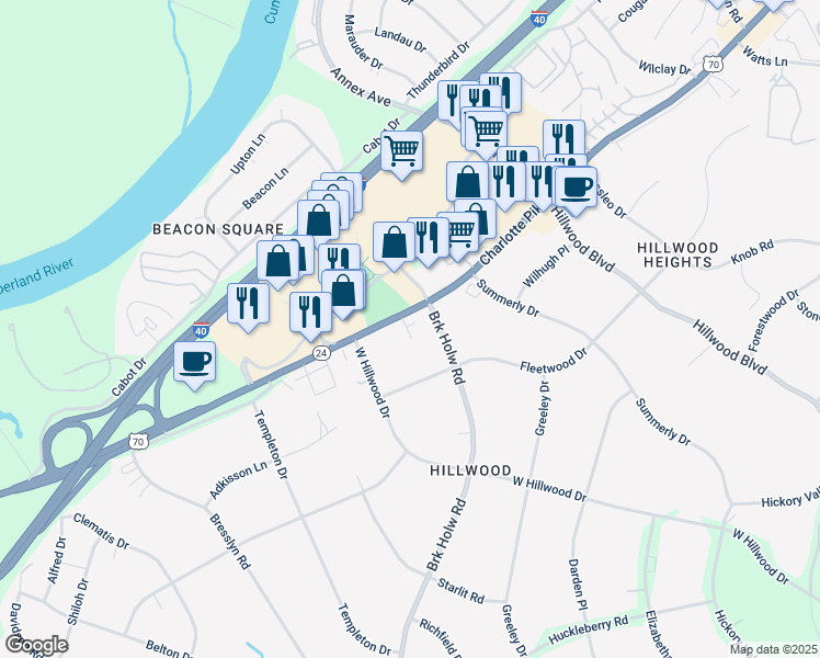 map of restaurants, bars, coffee shops, grocery stores, and more near 6719 Charlotte Pike in Nashville