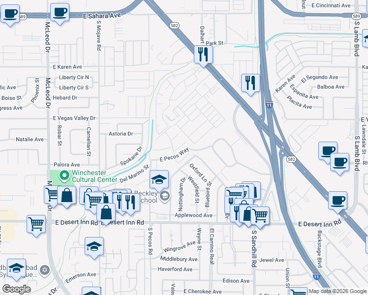 map of restaurants, bars, coffee shops, grocery stores, and more near 418 East Pecos Way in Las Vegas