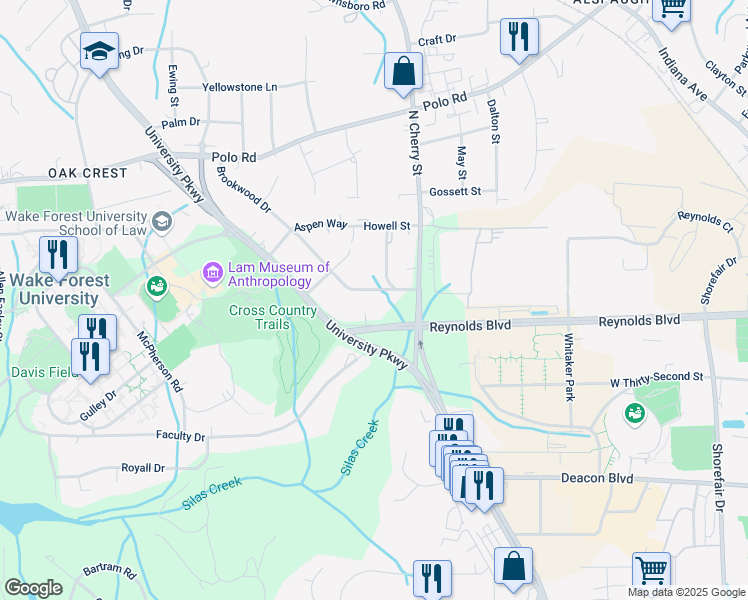 map of restaurants, bars, coffee shops, grocery stores, and more near 1232 Brookwood Drive in Winston-Salem