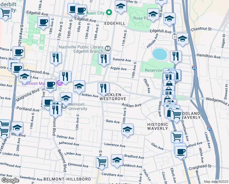 map of restaurants, bars, coffee shops, grocery stores, and more near 1100A West Grove Avenue in Nashville