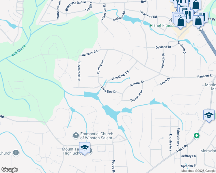 map of restaurants, bars, coffee shops, grocery stores, and more near 153 Woodbriar Road in Winston-Salem
