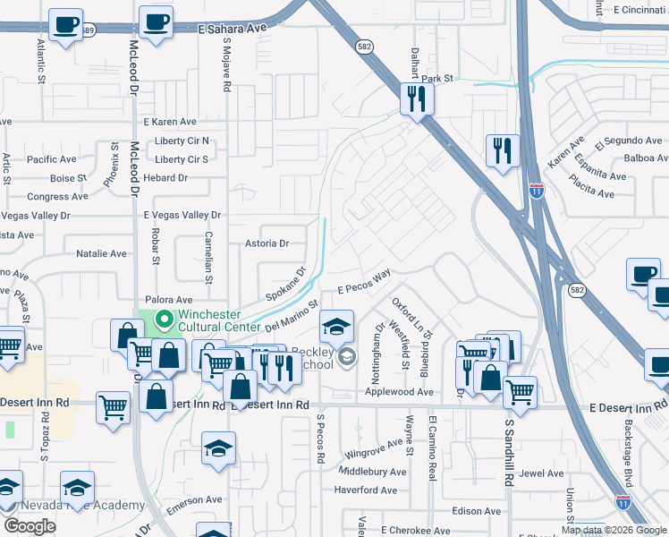 map of restaurants, bars, coffee shops, grocery stores, and more near 3428 Don Miguel Drive in Las Vegas