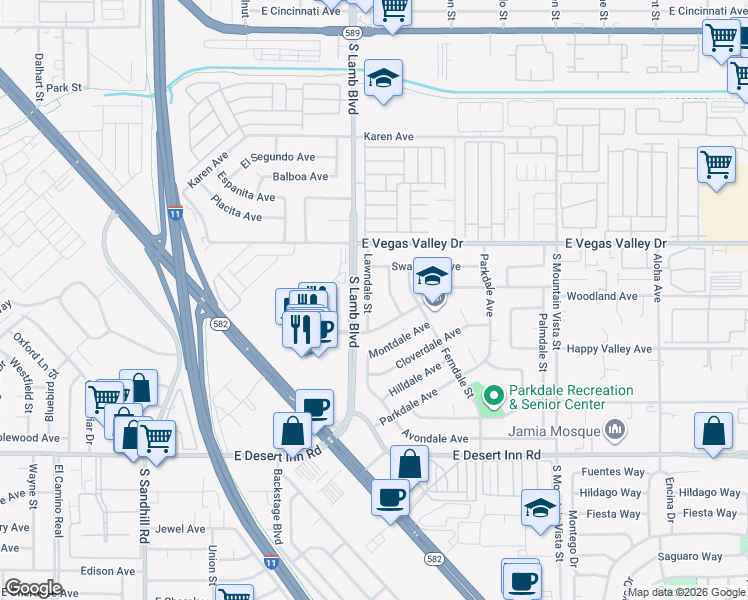 map of restaurants, bars, coffee shops, grocery stores, and more near 3005 Gardendale Street in Las Vegas