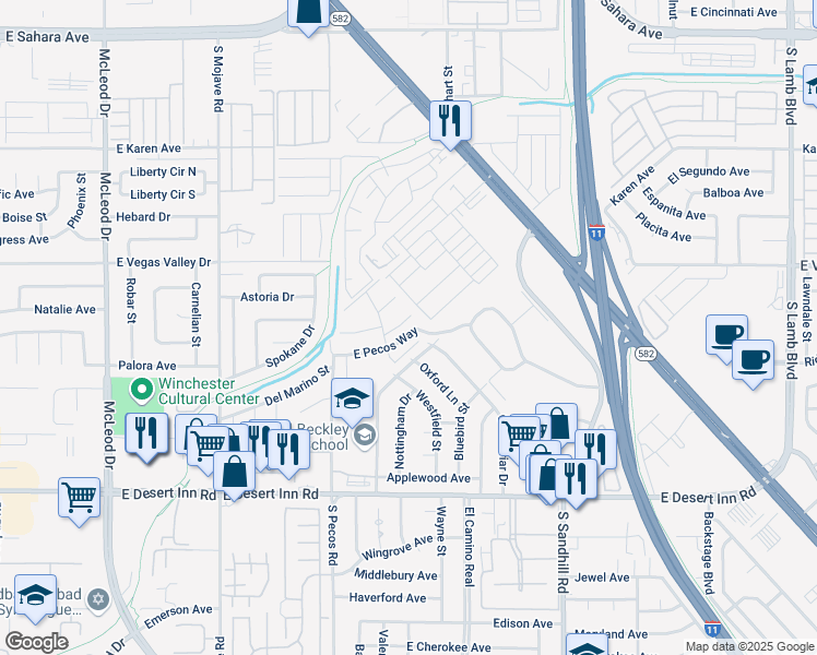 map of restaurants, bars, coffee shops, grocery stores, and more near 418 East Pecos Way in Las Vegas