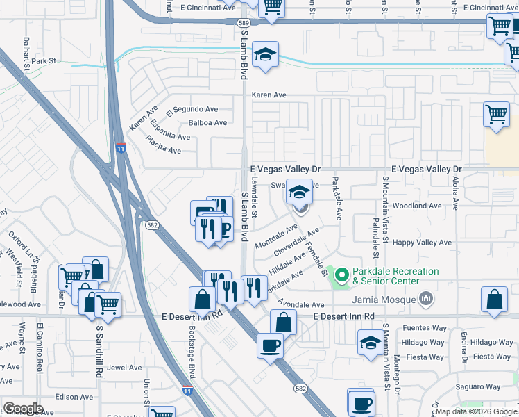 map of restaurants, bars, coffee shops, grocery stores, and more near 3005 Gardendale Street in Las Vegas
