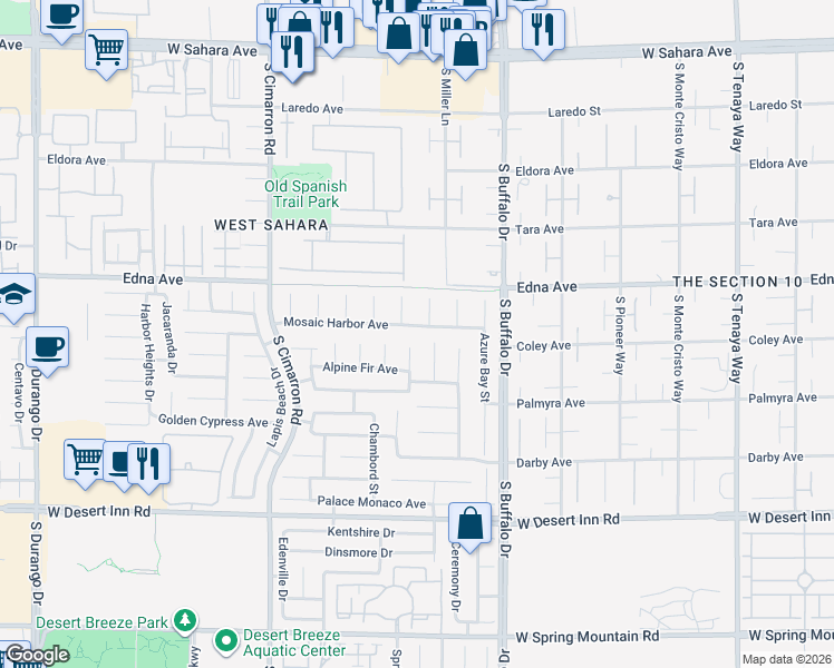 map of restaurants, bars, coffee shops, grocery stores, and more near 7961 Mosaic Harbor Avenue in Las Vegas