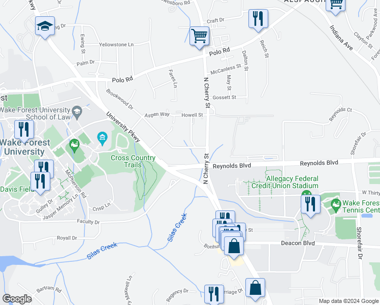 map of restaurants, bars, coffee shops, grocery stores, and more near 1206 Brookwood Drive in Winston-Salem
