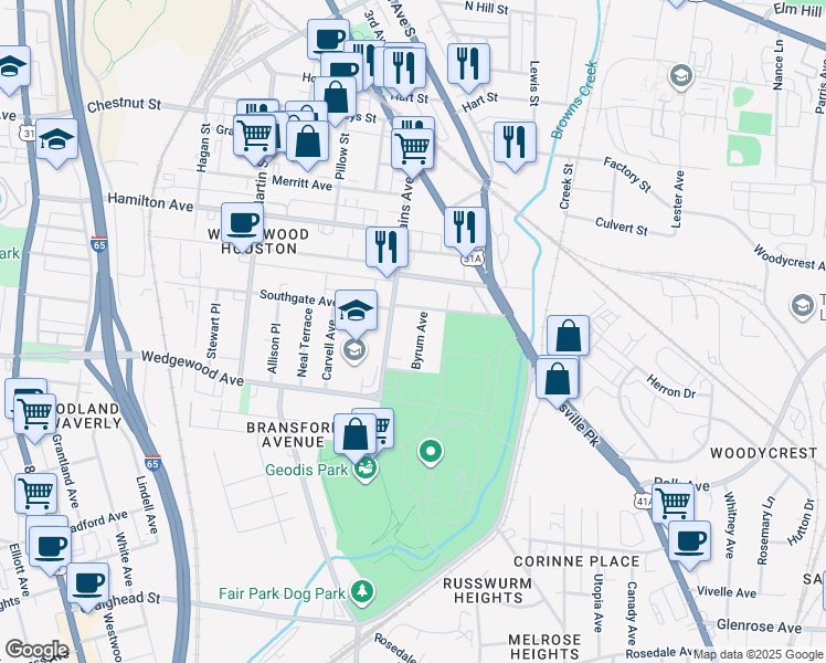 map of restaurants, bars, coffee shops, grocery stores, and more near 2126 Byrum Avenue in Nashville