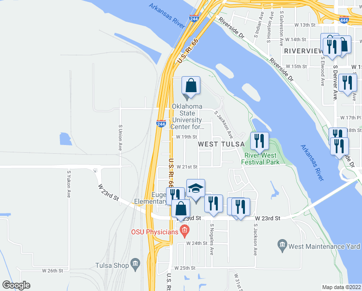 map of restaurants, bars, coffee shops, grocery stores, and more near 1920 South Phoenix Avenue in Tulsa