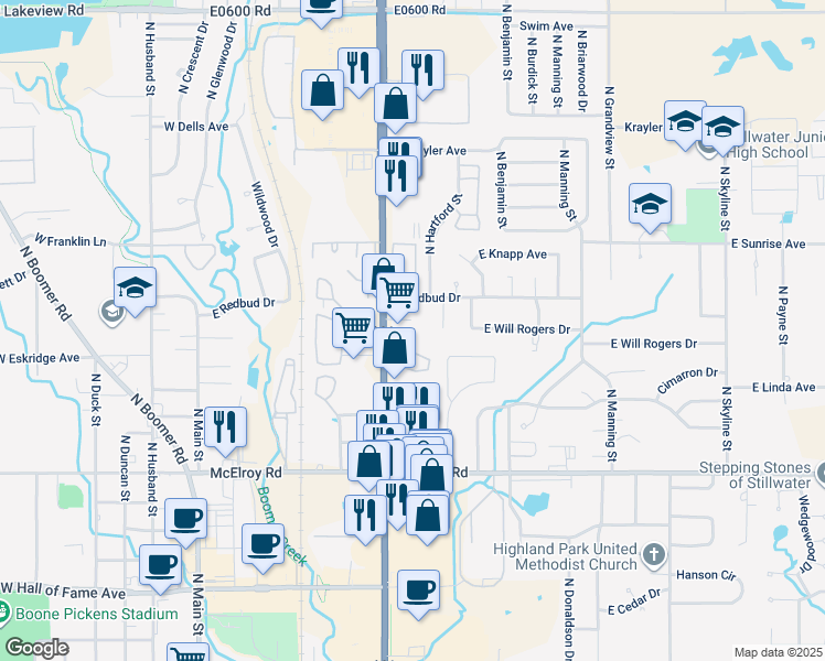 map of restaurants, bars, coffee shops, grocery stores, and more near 1309 North Perkins Road in Stillwater