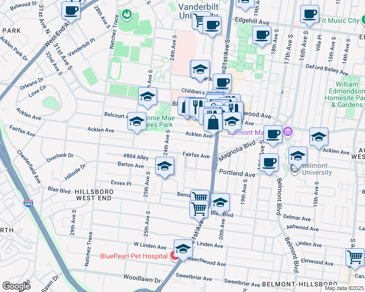 map of restaurants, bars, coffee shops, grocery stores, and more near 2134 Fairfax Avenue in Nashville