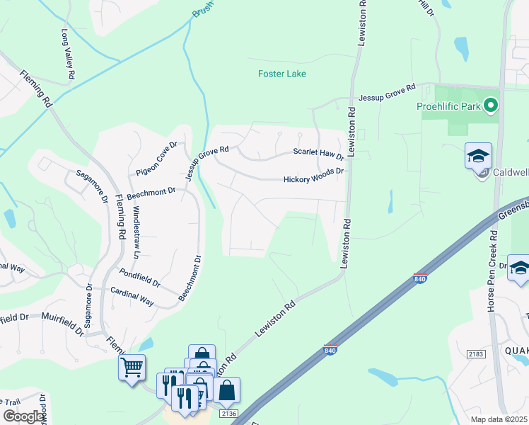 map of restaurants, bars, coffee shops, grocery stores, and more near 4796 Corinthian Way in Greensboro