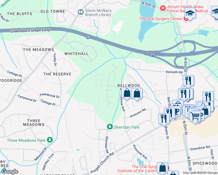 map of restaurants, bars, coffee shops, grocery stores, and more near 4103 King Edward Court in Greensboro