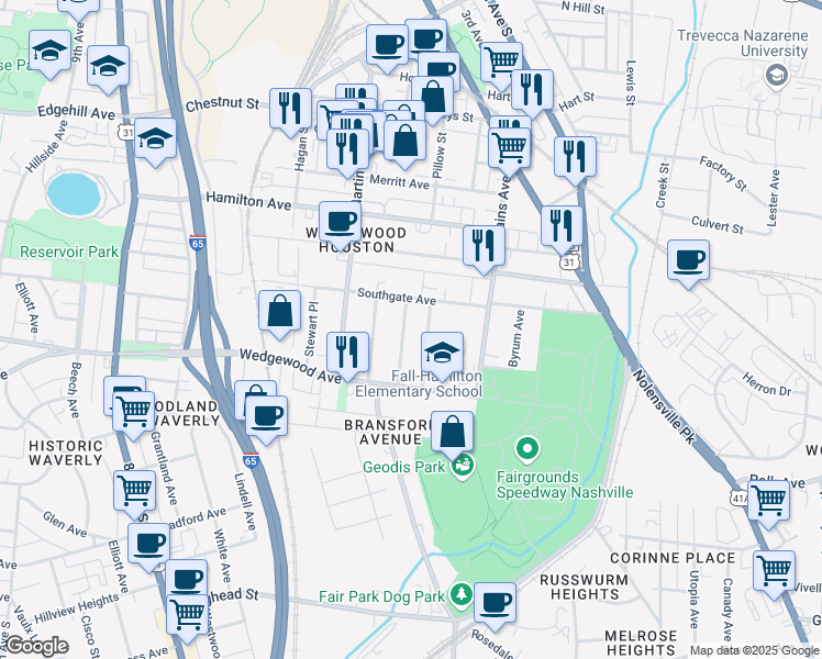 map of restaurants, bars, coffee shops, grocery stores, and more near 1712B Neal Terrace in Nashville