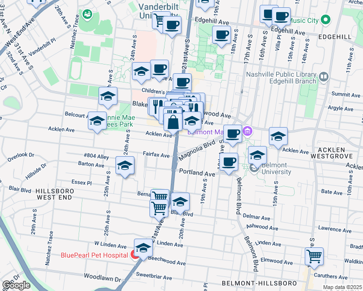 map of restaurants, bars, coffee shops, grocery stores, and more near 1906 21st Avenue South in Nashville