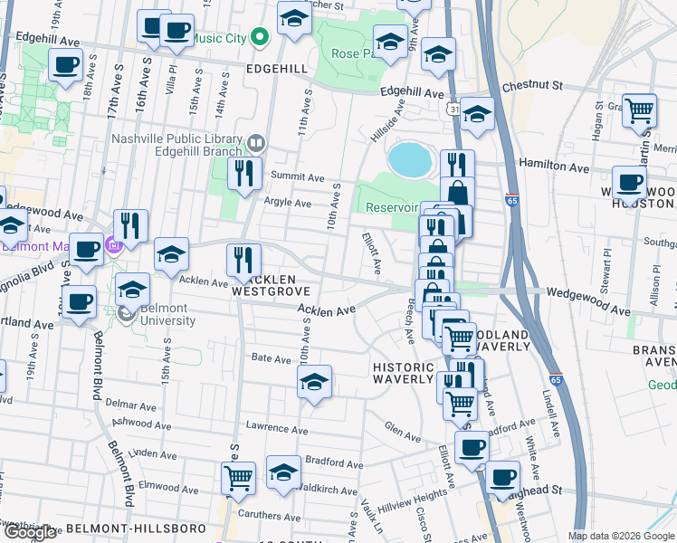 map of restaurants, bars, coffee shops, grocery stores, and more near 918 Wedgewood Avenue in Nashville