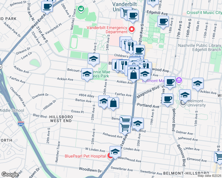 map of restaurants, bars, coffee shops, grocery stores, and more near 2134 Fairfax Avenue in Nashville