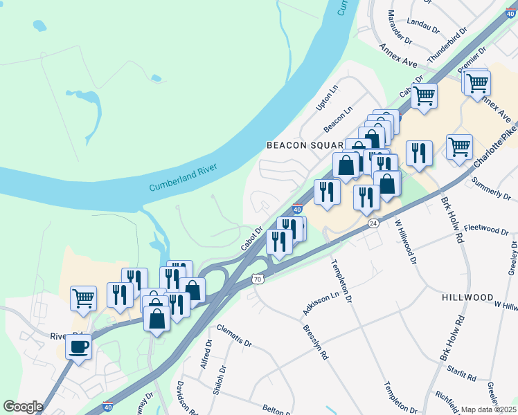 map of restaurants, bars, coffee shops, grocery stores, and more near 7222 Cabot Drive in Nashville