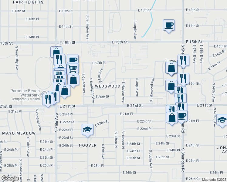 map of restaurants, bars, coffee shops, grocery stores, and more near 1934 South Fulton Avenue in Tulsa