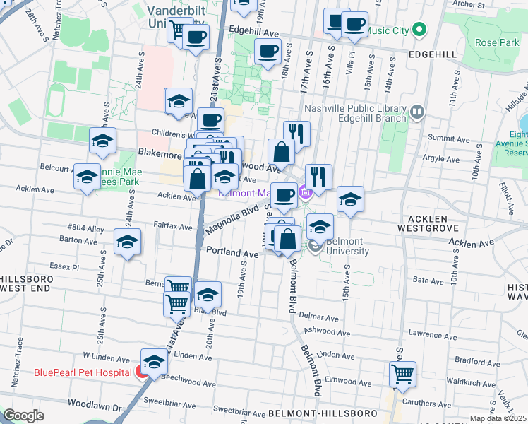 map of restaurants, bars, coffee shops, grocery stores, and more near 1901 18th Avenue South in Nashville