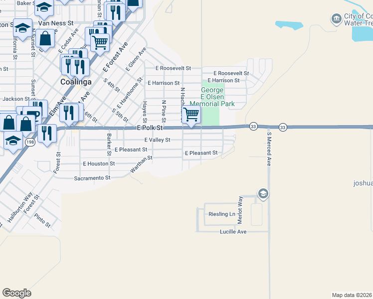 map of restaurants, bars, coffee shops, grocery stores, and more near 247 South Hachman Street in Coalinga