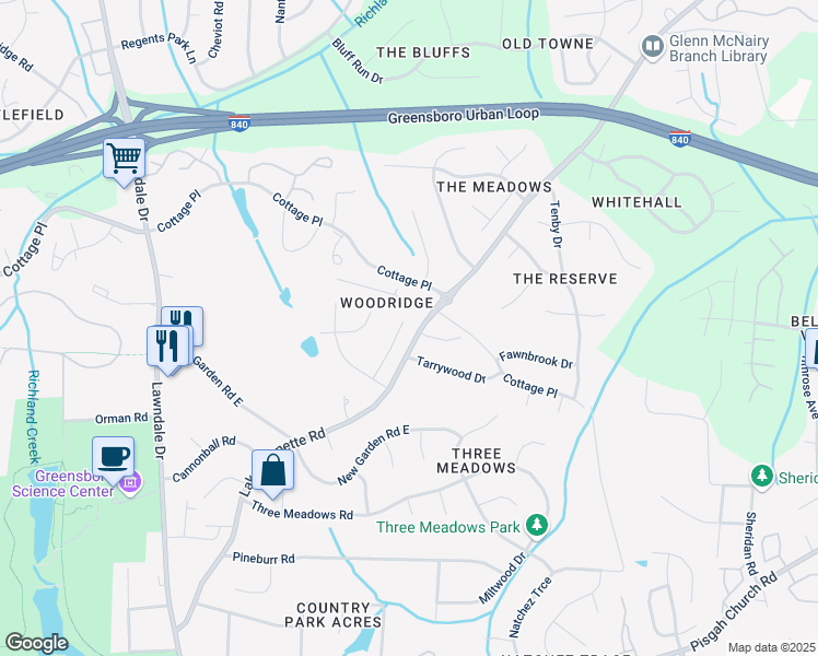 map of restaurants, bars, coffee shops, grocery stores, and more near 1605 Heraldry Lane in Greensboro