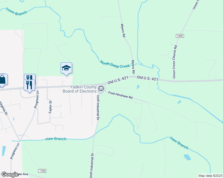 map of restaurants, bars, coffee shops, grocery stores, and more near 1512 Brock Road in Yadkinville