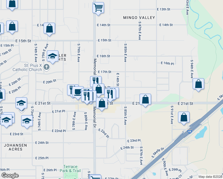 map of restaurants, bars, coffee shops, grocery stores, and more near 1908 South 82nd East Avenue in Tulsa