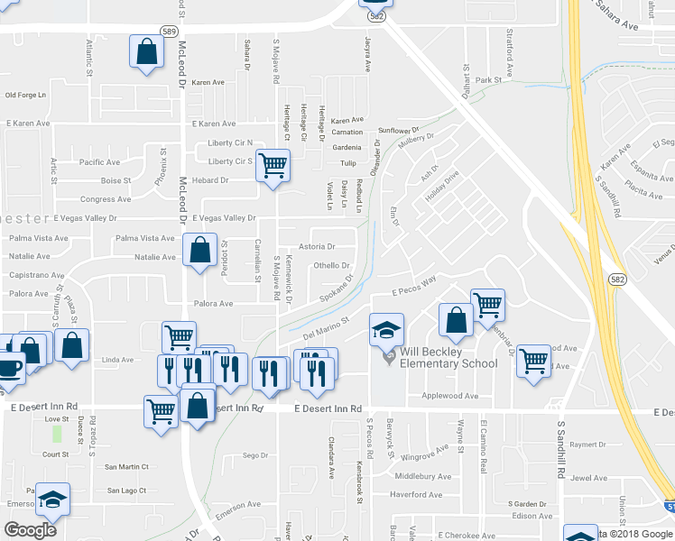 map of restaurants, bars, coffee shops, grocery stores, and more near 3341 Othello Drive in Las Vegas